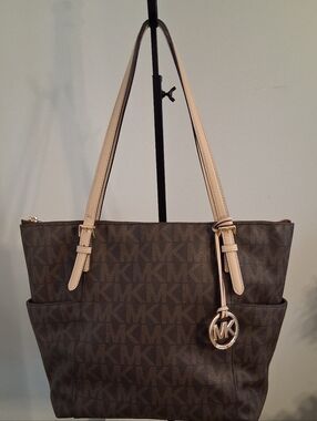Michael Kors Brown & Tan Signature Leather Tote With Tan Leather Straps